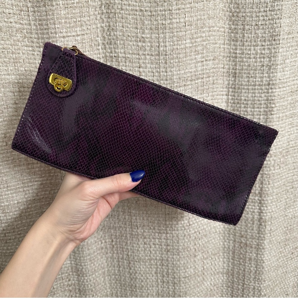 Kate Landry Snake Embossed Leather Clutch Purple Jewel Tone Dark Coquette Glam